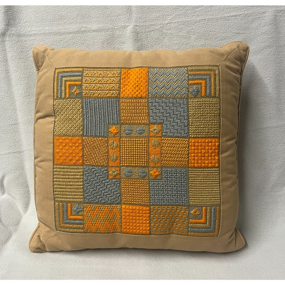 Handmade Other - VTG 70s Geometric Embroidered Pillow Handmade Needlepoint Cushion Retro Boho